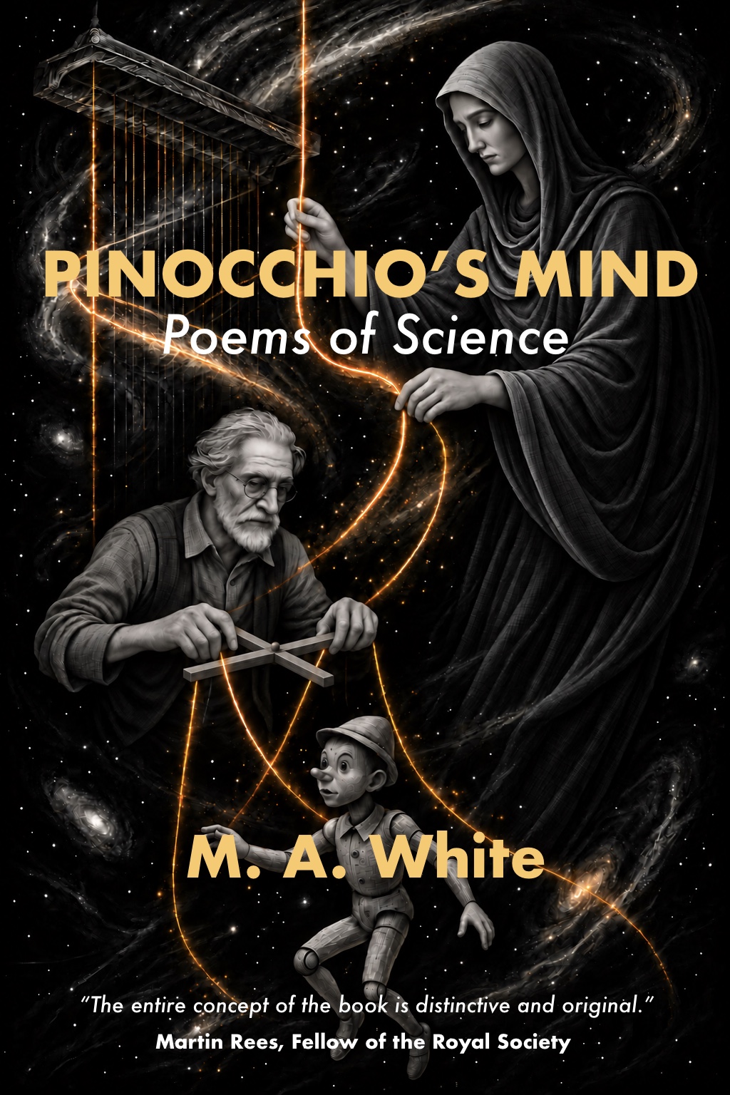 Front cover of Pinocchio’s Mind: Poems of Science by M. A. White, showing Lachesis, Geppetto and Pinocchio connected by glowing threads against a cosmic background, with praise from Martin Rees.